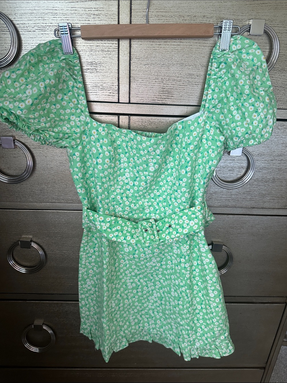 🛍️SALE🛍️ ZARA Green Puff-Sleeve Floral Mini Dress with Belt - Picture 2 of 7